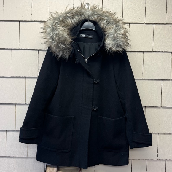 Zara Jackets & Blazers - Zara Black Coat with fur Hoodie Size M Thigh Length Zip Up Button Closure